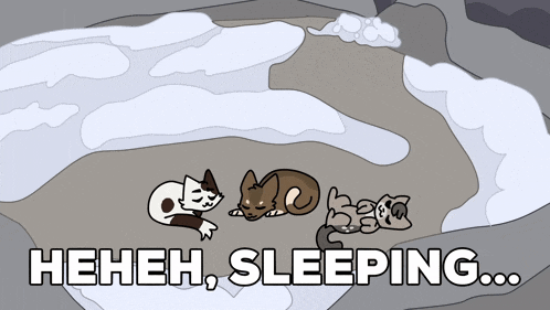 a cartoon of three cats laying in the snow with the words " hhhh sleeping " below them