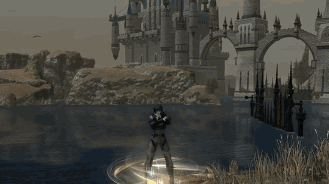 a person is flying through the air in front of a castle with a light coming out of it