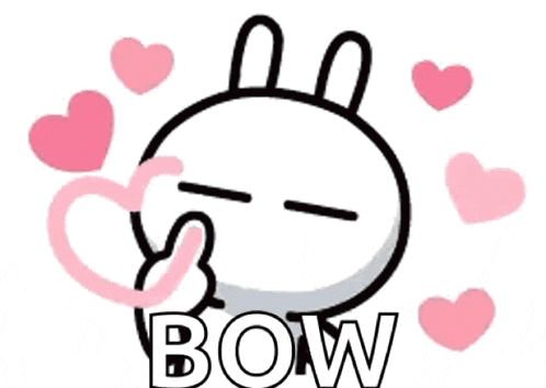 a cartoon rabbit is surrounded by pink hearts and the word bow on the bottom