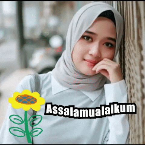 a woman wearing a hijab is leaning against a wall with the words assalamualaikum written below her