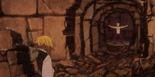a man is standing in front of a brick wall looking at a man standing in a tunnel .