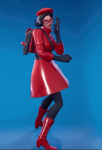 a woman in a red dress and boots is dancing in a video game .