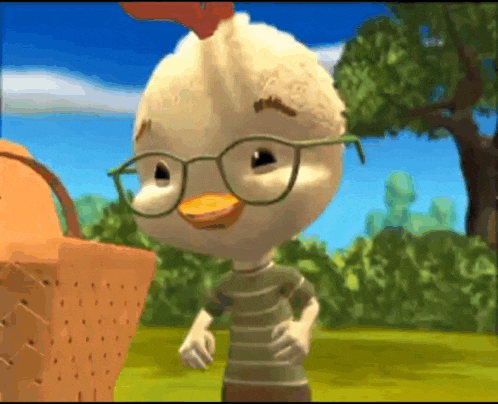 a cartoon chicken wearing glasses is standing next to a basket in a field .