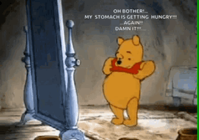 a cartoon of winnie the pooh standing in front of a mirror with the caption oh bother