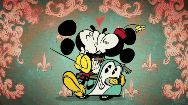 mickey and minnie kissing on a scooter with a heart in the background