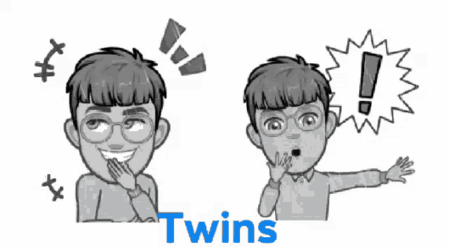 a black and white drawing of a boy with the word twins underneath