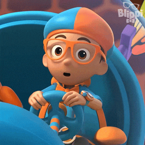 a cartoon character from blippi is driving a car