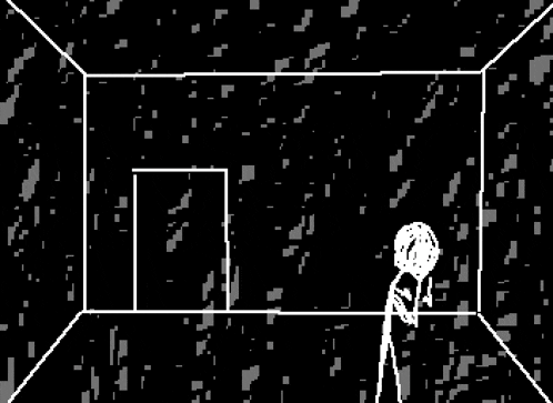 a black and white drawing of a cat standing in a room .
