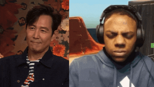 a man wearing headphones next to a man wearing a striped shirt