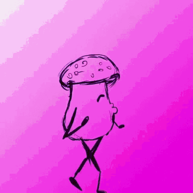 a drawing of a mushroom with legs and arms on a purple background .