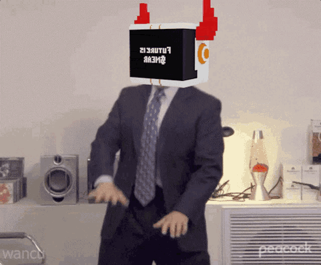 a man in a suit and tie is dancing with a box on his head that says 213auto1