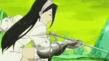 a girl with long black hair is holding a sword in her hand .