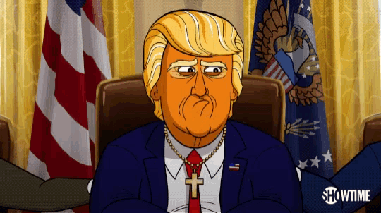 a cartoon of donald trump sitting in front of american flags with showtime written on the bottom
