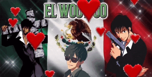 a man with a gun is surrounded by hearts and the word el woo