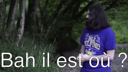 a man with long hair and a beard is standing in the woods .