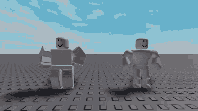 two roblox characters are walking on a grid of squares