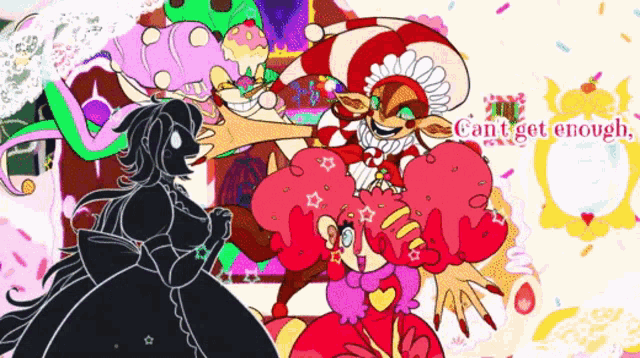 a colorful cartoon with the words " can 't get enough " on the bottom