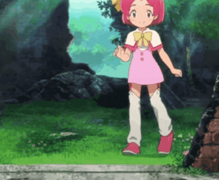 a girl with pink hair is standing in the grass