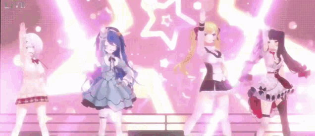 four anime girls are dancing on a stage with a star in the background .