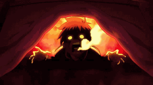 a cartoon drawing of a person with glowing yellow eyes