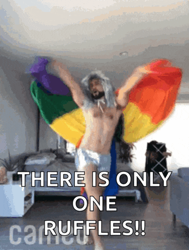 a shirtless man is holding a rainbow flag with the words " there is only one ruffles " above him
