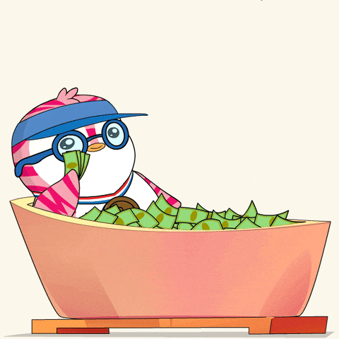 a cartoon penguin is laying in a bathtub covered in money