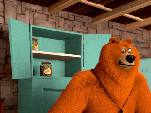 a cartoon bear is standing in front of a blue cabinet with a jar of honey on the shelf