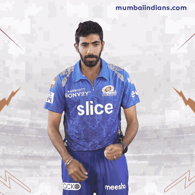 a man in a blue shirt that says slice