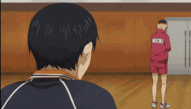 a man in a red nekoma jacket stands in front of another man