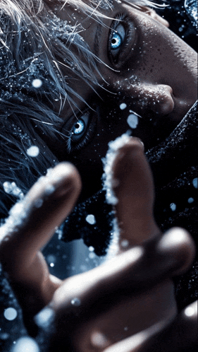 a close up of a person 's face with snow on it
