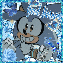 a picture of a cartoon character with the words good morning written on it