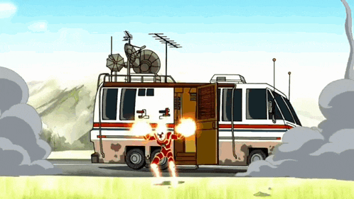 a cartoon character is standing in front of a camper van with a satellite dish on top .