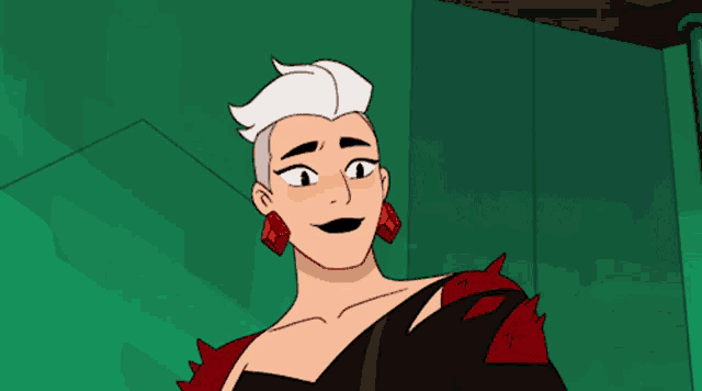 a cartoon character with white hair and red earrings is smiling