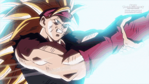 a cartoon character from super dragon ball heroes throws a punch