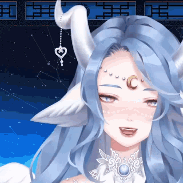 a girl with long blue hair and horns has a heart shaped pendant on her ear