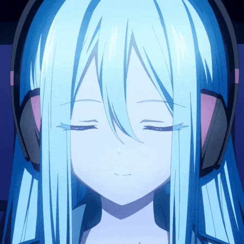 a girl with long blue hair is wearing headphones with her eyes closed