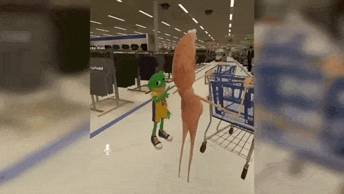 a cartoon character is standing next to a shopping cart in a store