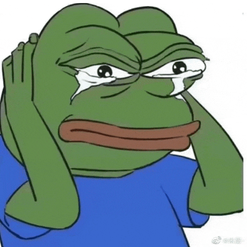 a frog in a blue shirt is crying and covering his ears with his hands