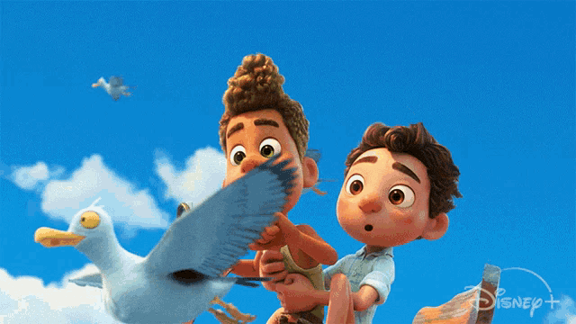 two cartoon boys are riding a duck in a disney + ad