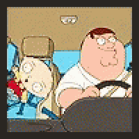 a cartoon of peter griffin driving a car with two other people .