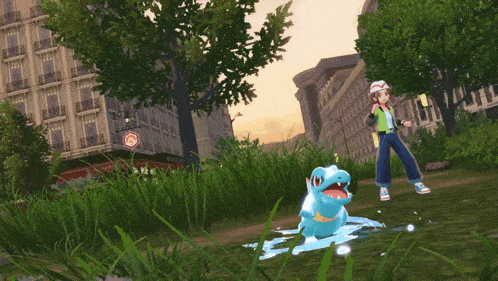 a video game character is standing next to a pokemon in a puddle of water