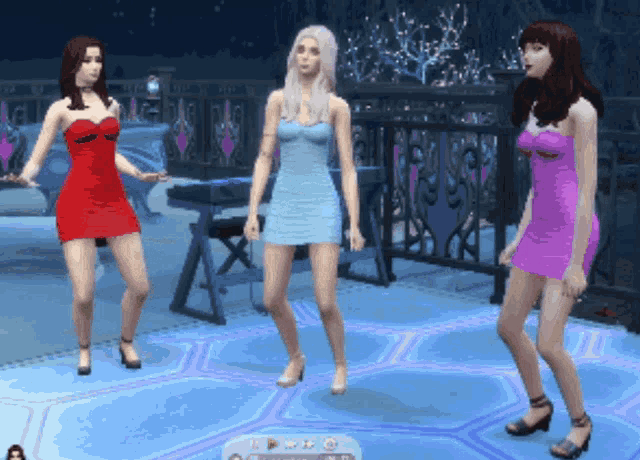 three women in dresses are dancing in a video game called the sims 4
