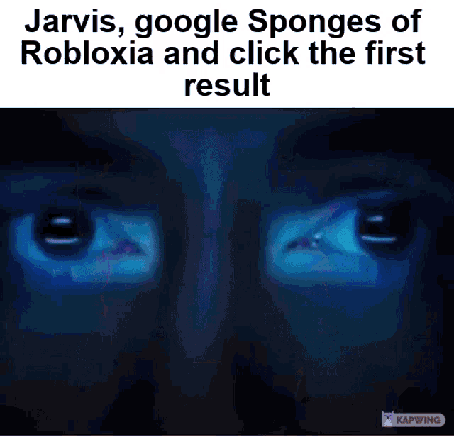 a picture of a person 's eyes with the caption jarvis google sponges of robloxia and click the first result .