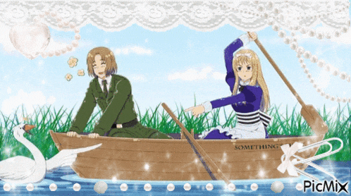 a man and a woman in a boat that says something