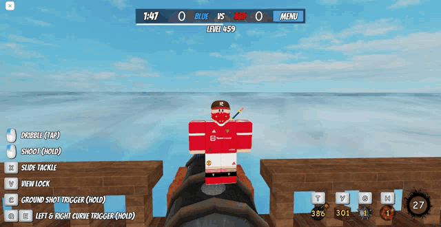 a screenshot of a video game with a player wearing a red shirt that says ' united ' on it