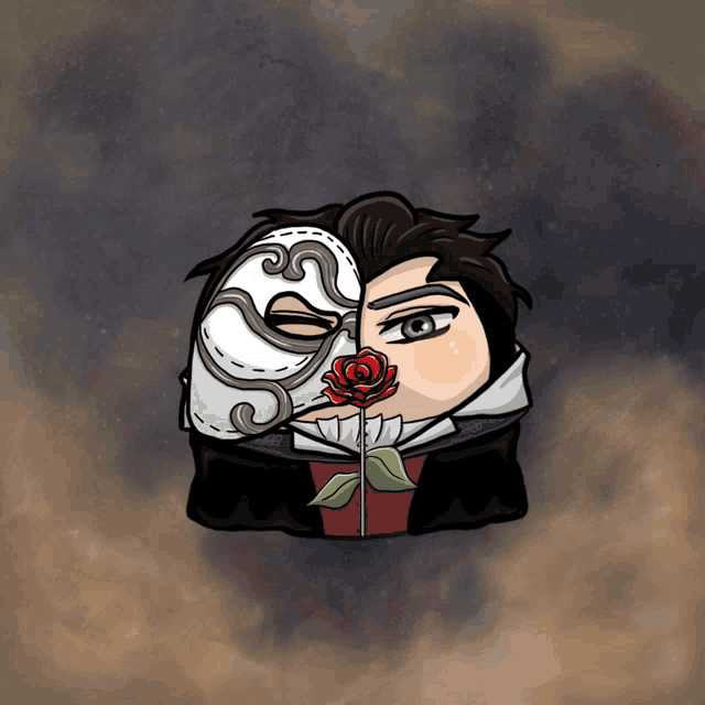a cartoon drawing of a man with a mask on his face and a rose in his mouth