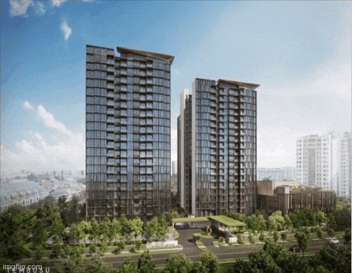 an artist 's impression of a very tall building with a sign that says ' sentosa residences ' on it