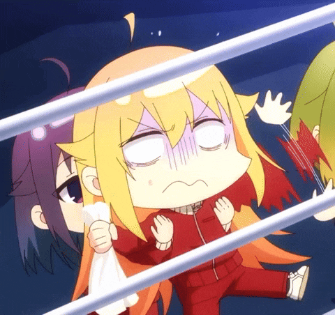a cartoon of a girl with yellow hair and red pants is behind bars with her eyes closed