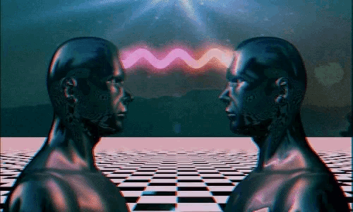 two heads are looking at each other on a checkered field