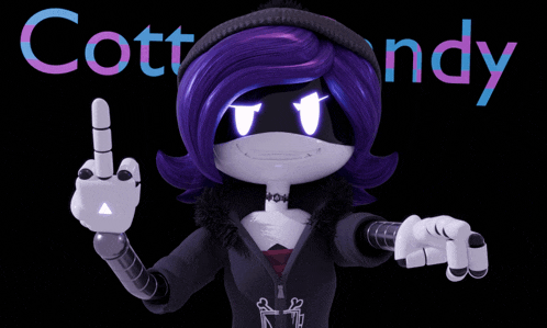 a cartoon character with purple hair giving the middle finger